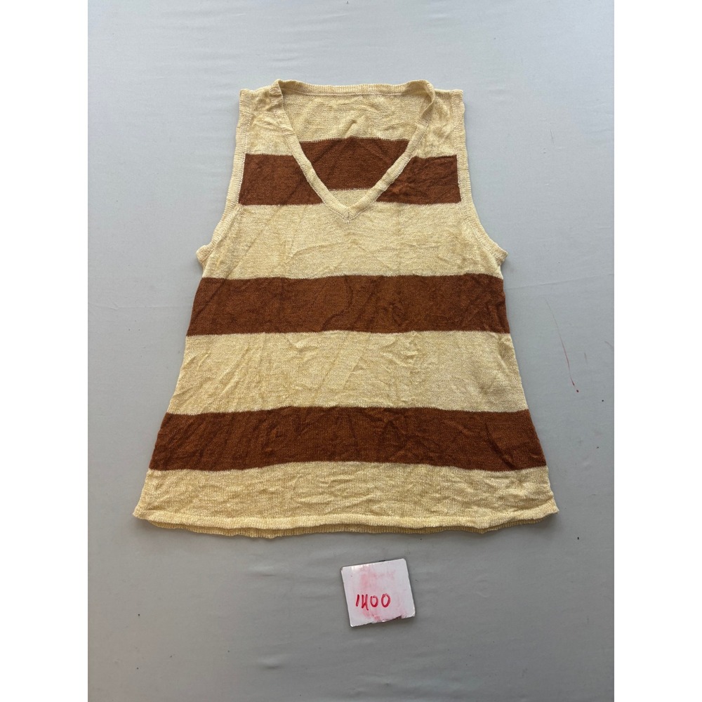 V-Neck Striped Knit Sweater Vest Coffee Brown Cream Sleeveless Top Large RC0224